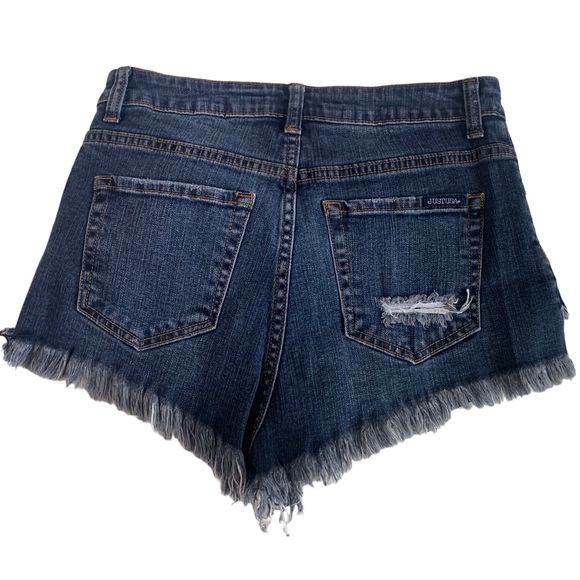 DARK WASH HIGH RISE FRAYED HEM DENIM SHORTS - Picture 14 of 16